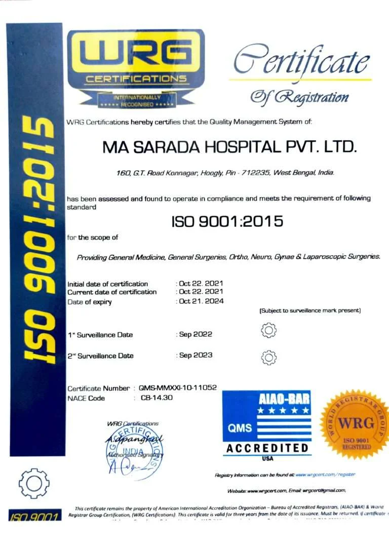 ISO 9001:2015 Quality Management System Certificate – Ma Sarada Hospital Konnagar