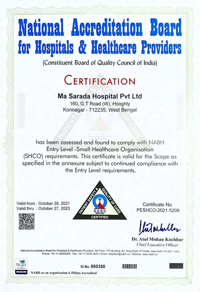 NABH Accreditation Certificate – National Accreditation Board for Hospitals & Healthcare Providers – Ma Sarada Hospital Konnagar